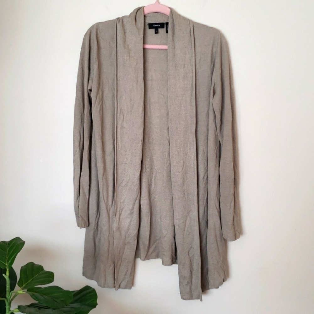 Theory linen blend long sleeve cardigan, neutral, women's size small.